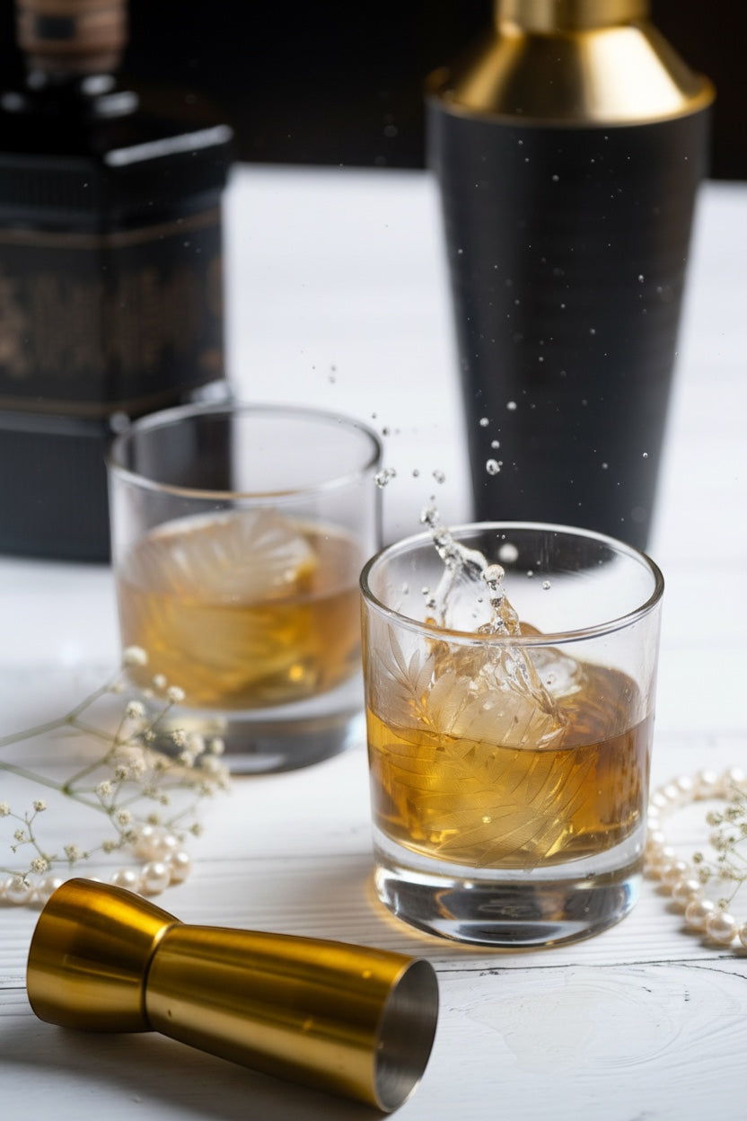 INVOKE Etched Leaf Pattern Lowball Whiskey Glasses Set, clear glass with frosted leaf design, perfect for spirits.