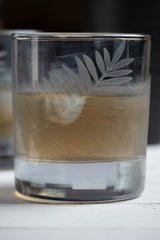 INVOKE set of lowball whiskey glasses with etched leaf pattern, clear glass, 4-inch height