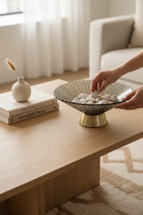 Invoke Home and Living Opal Round Platter Large, textured smoky grey glass with brushed gold base, used for serving or display.