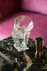 INVOKE Savoy Whiskey Glasses: clear glass tumblers with gold rim, angular design, and sturdy base. Includes ice tongs and jigger.