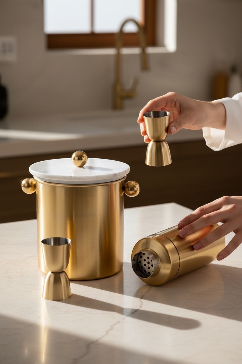 INVOKE luxury brushed gold cocktail shaker, ice bucket with marble lid, and jiggers on a marble countertop.