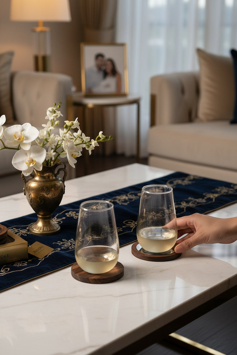INVOKE Clario High Ball Glass, clear glass with tapered design and gold floral etching, set on wooden coaster.