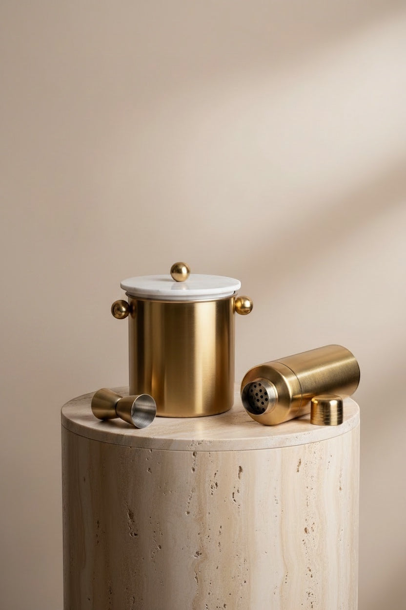 INVOKE luxury brushed gold cocktail shaker, ice bucket with marble lid, and jigger set.
