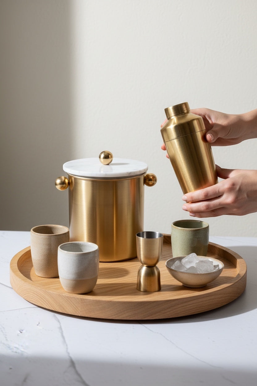 INVOKE luxury cocktail barware set with brushed gold shaker, ice bucket with marble lid, jigger, and cups on a wooden tray.