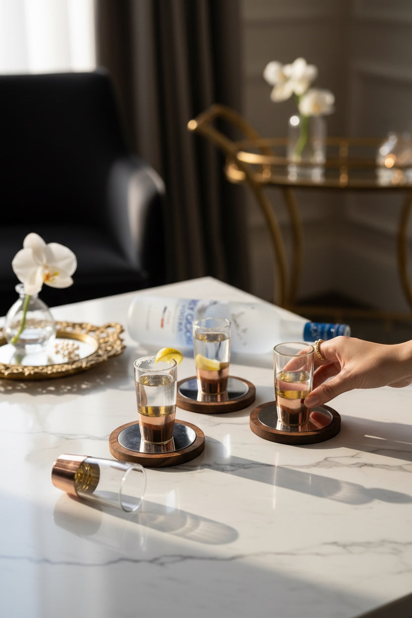 INVOKE copper banded clear glass shot glasses with wooden coasters and lemon garnish.
