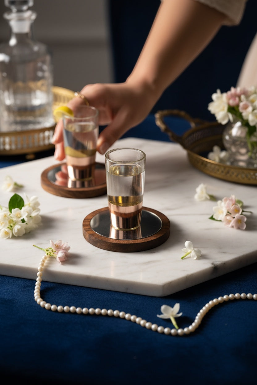 INVOKE copper banded clear glass shot glasses with wooden coasters and mirrored bases. Set of 2.