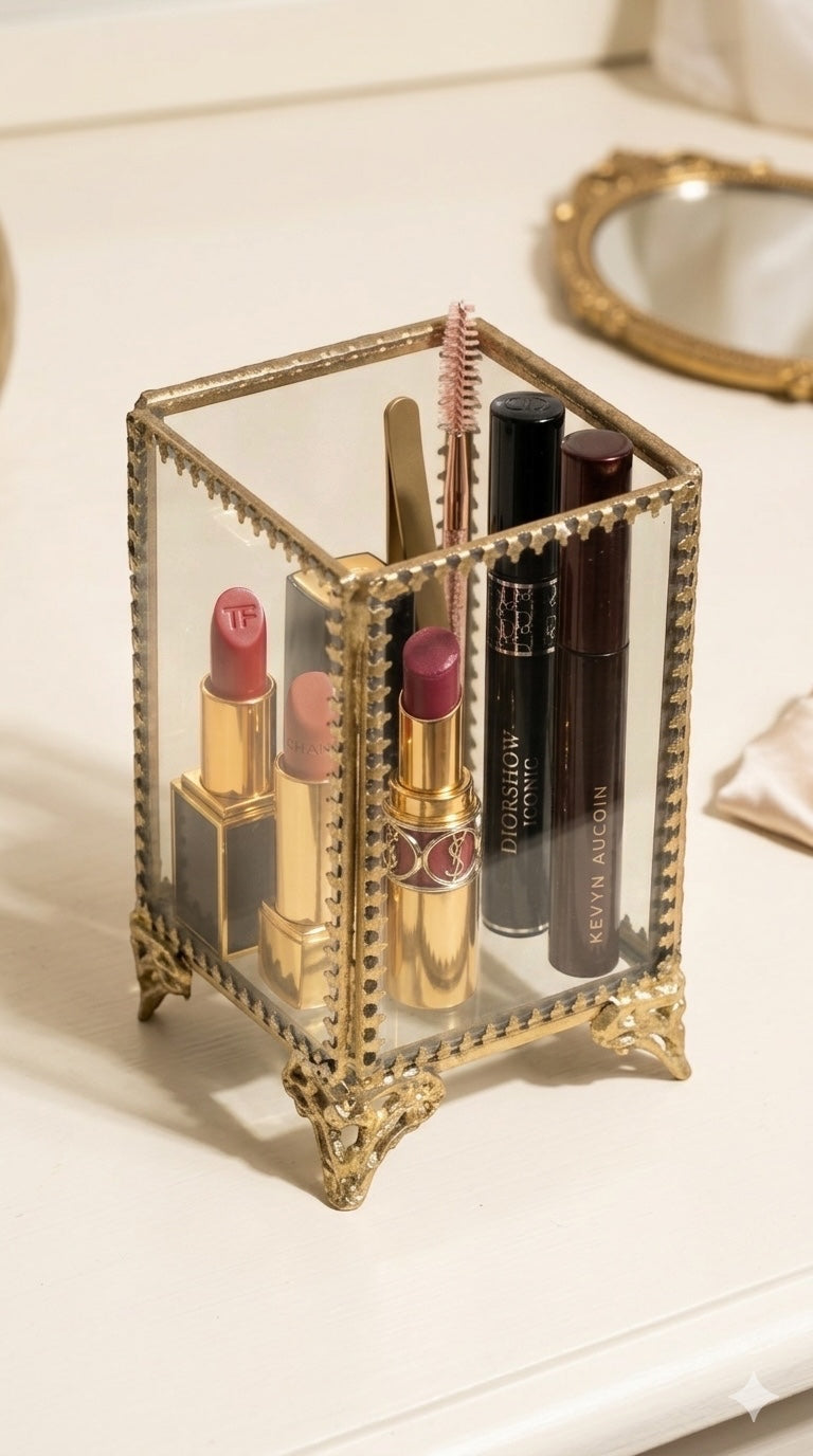 INVOKE decorative glass makeup brush holder with antique brass frame, ornate feet, holding lipsticks and mascaras.