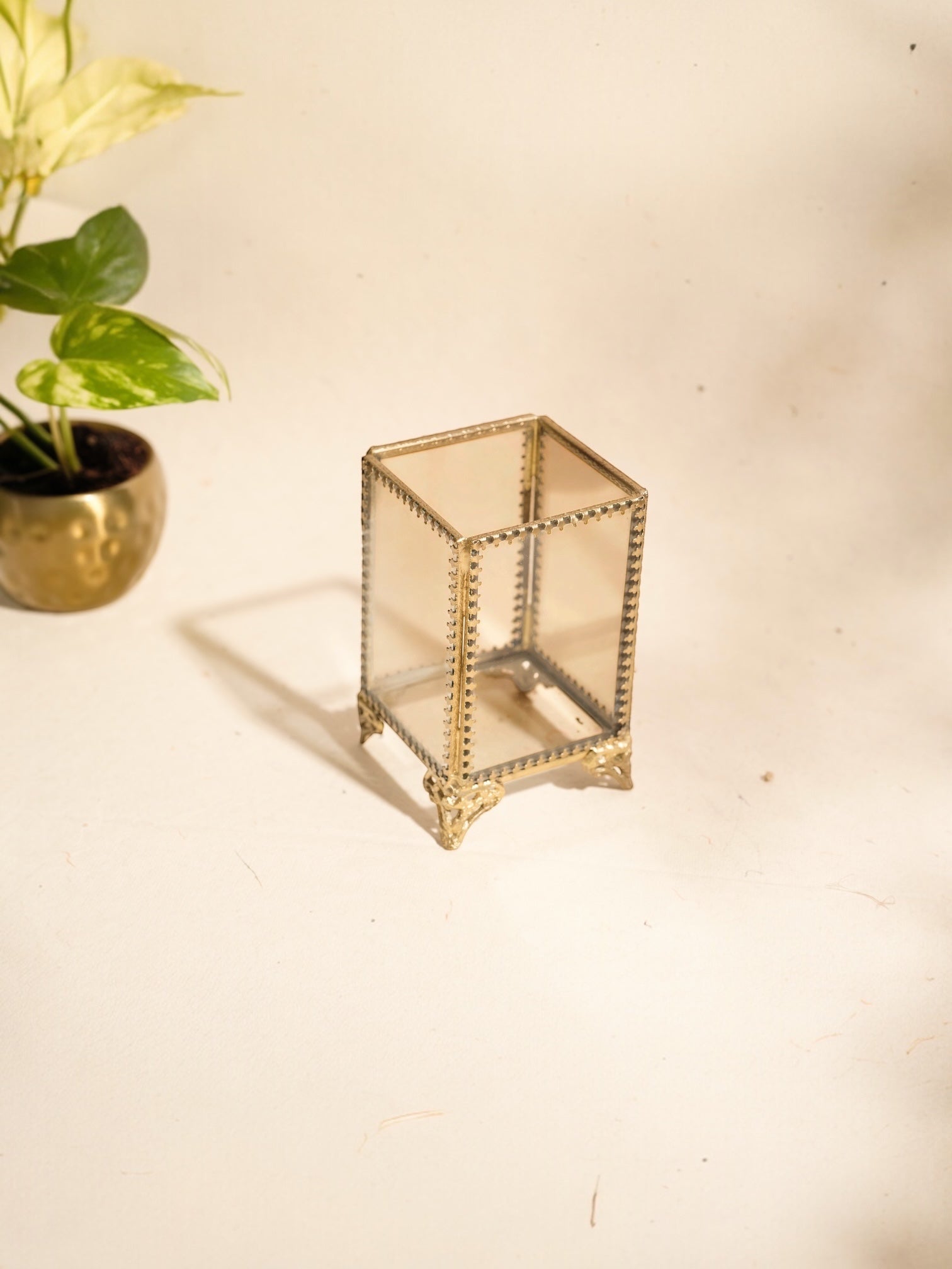 INVOKE decorative glass makeup brush holder with antique brass frame and ornate feet, perfect for vanity organization.
