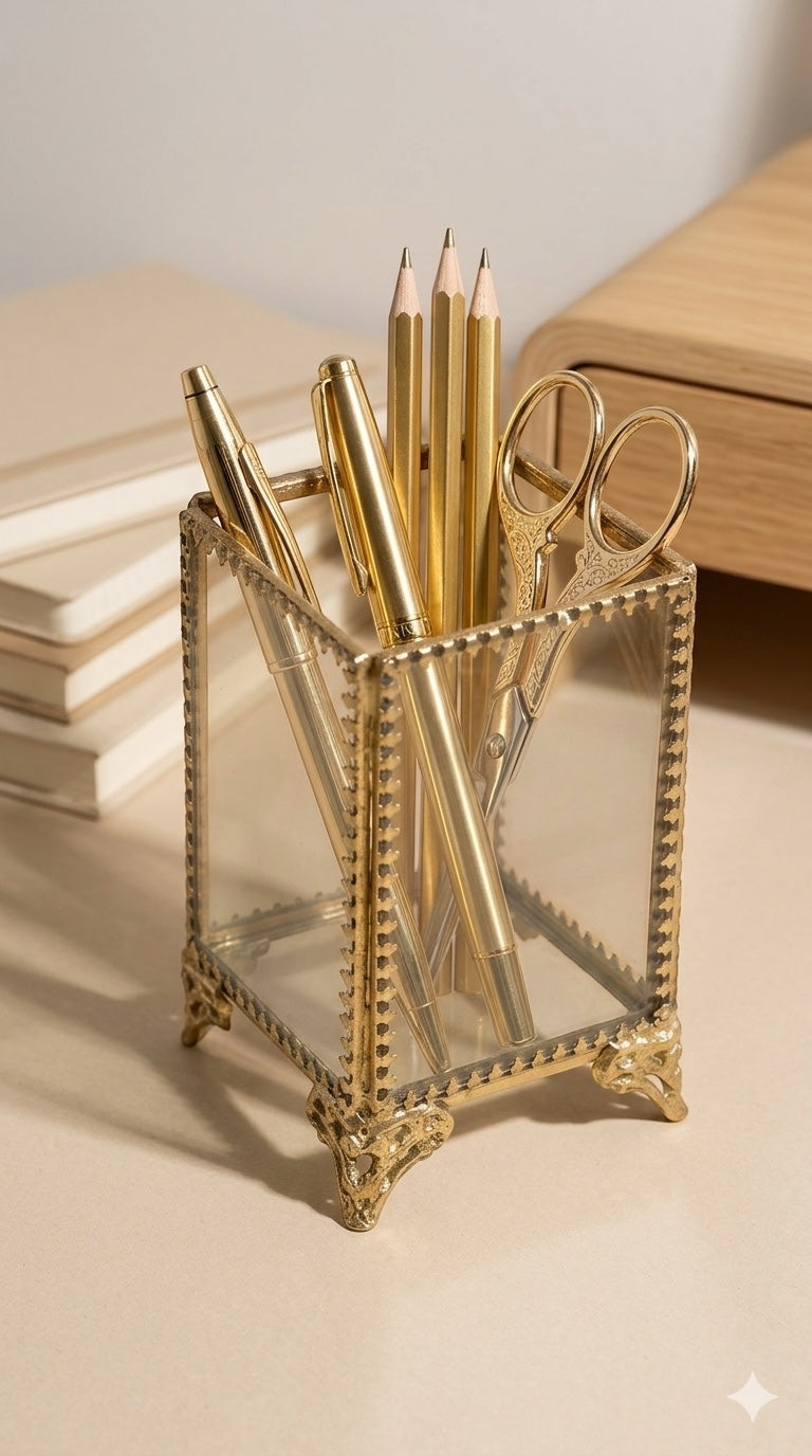 INVOKE decorative glass makeup brush holder with antique brass frame and ornate feet, holding pens and pencils.