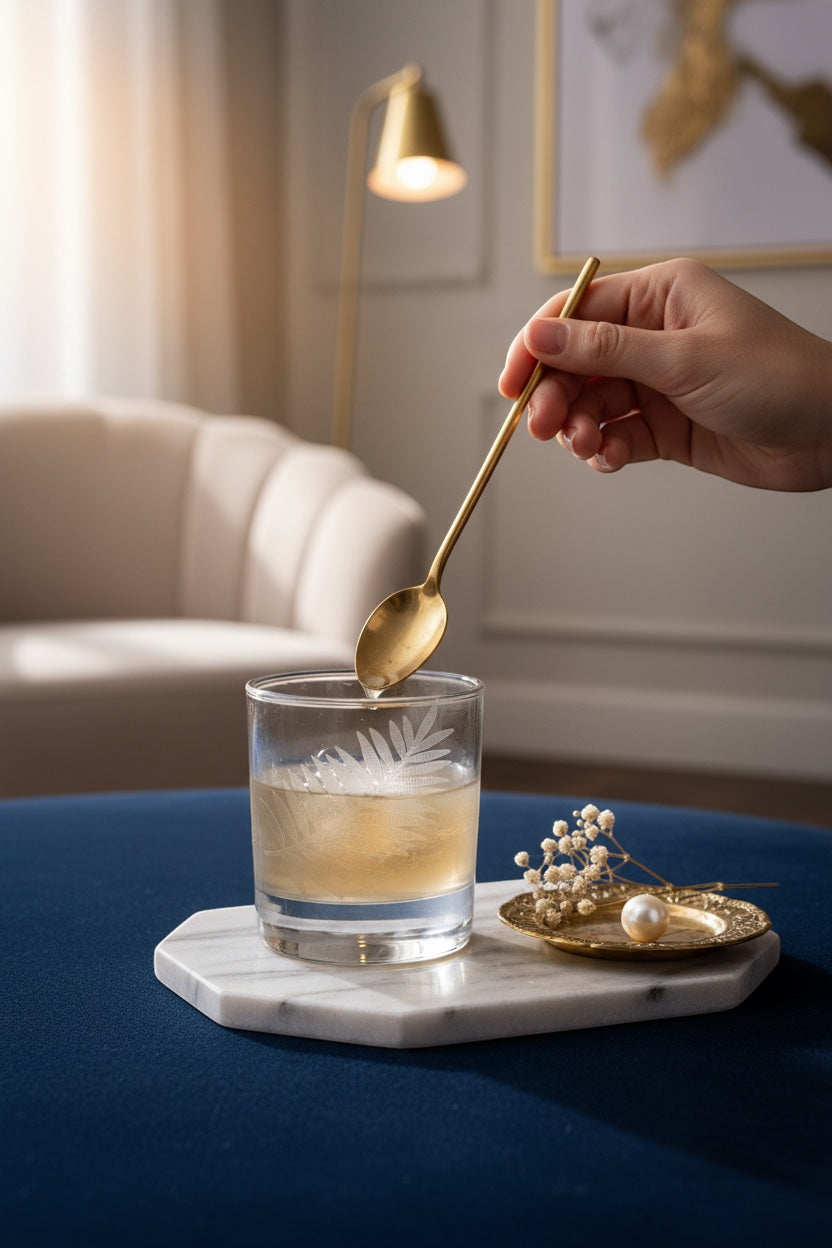INVOKE lowball whiskey glass with etched leaf pattern, filled with ice and amber liquid, a hand stirs with a gold spoon.