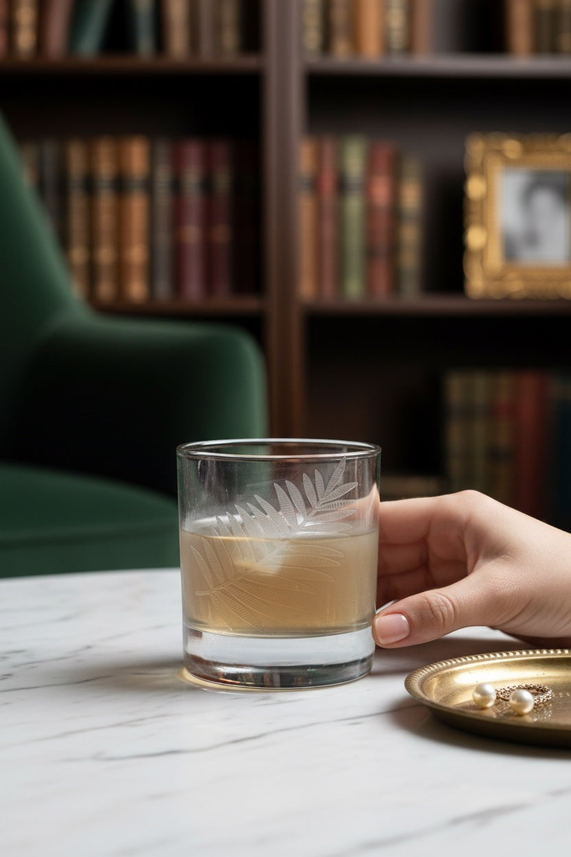INVOKE set of lowball whiskey glasses with etched leaf pattern, clear glass, 4oz capacity.