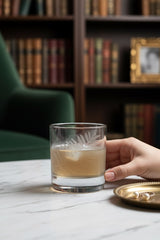 INVOKE set of lowball whiskey glasses with etched leaf pattern, clear glass, 4oz capacity.