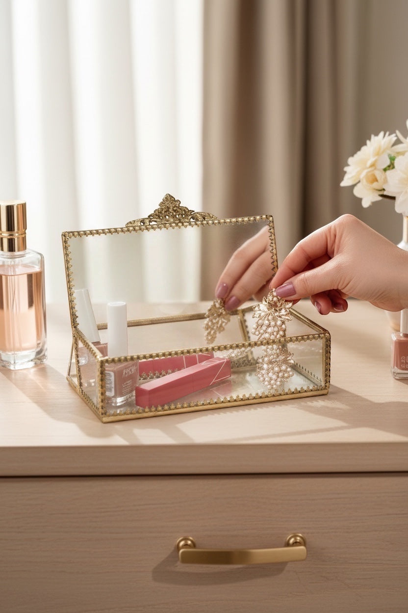 INVOKE Decorative Glass Jewelry Storage Box with antique brass finish, clear glass panels, and hinged lid. Ideal for rings, earrings, and necklaces.