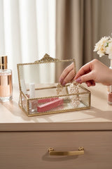 INVOKE Decorative Glass Jewelry Storage Box with antique brass finish, clear glass panels, and hinged lid. Ideal for rings, earrings, and necklaces.