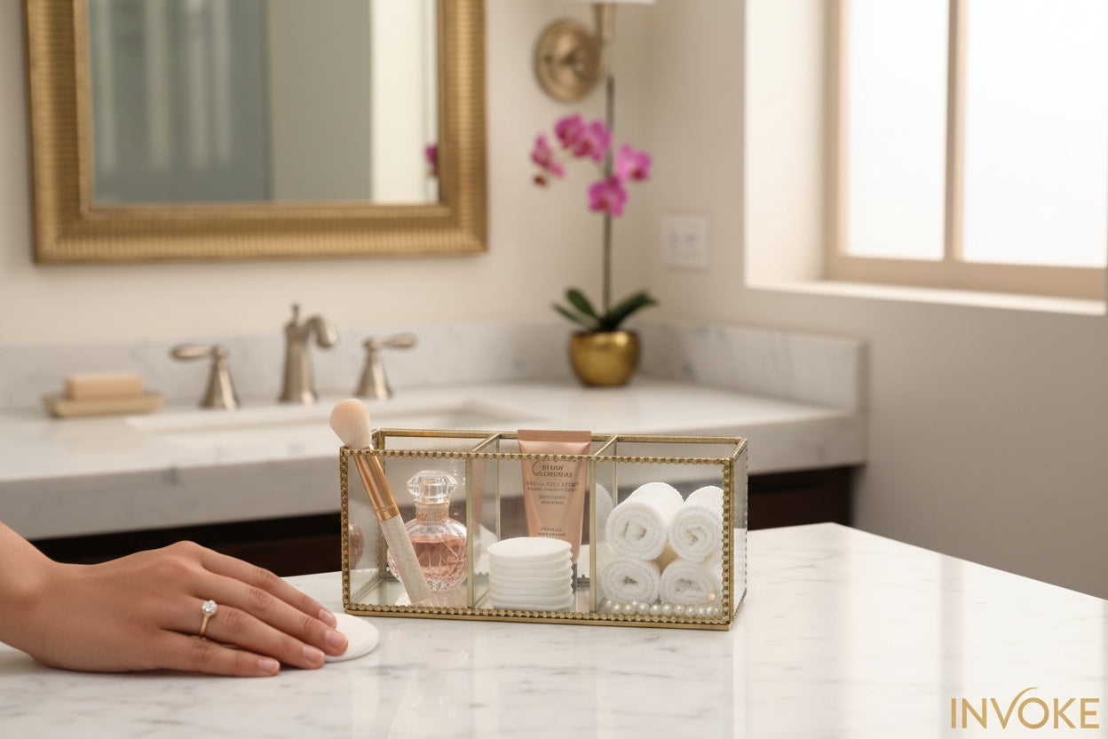 INVOKE gold-trimmed glass organizer with 3 compartments holding makeup brush, perfume, cotton pads, and rolled towels.