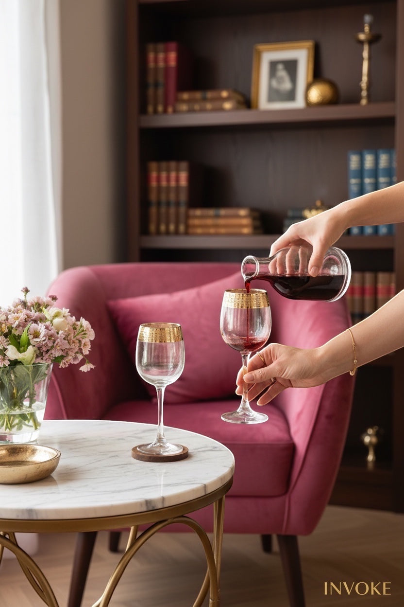 INVOKE elegant clear glass wine glasses with gold rim detail, one being filled with red wine.