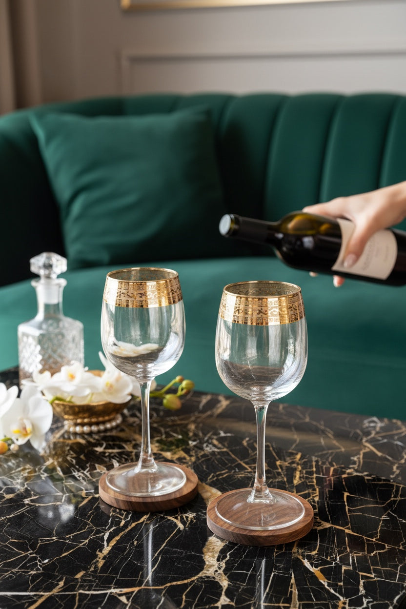 INVOKE elegant clear glass wine glasses with gold rim detailing, set of two.
