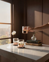 INVOKE Grit Whiskey Glasses with copper base and walnut coaster, clear glass, set of 2