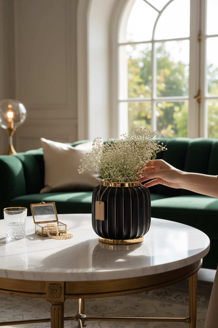 INVOKE Home and Living Vivid Vase: matte black ribbed ceramic vase with gold rim and detailing, holding baby's breath.