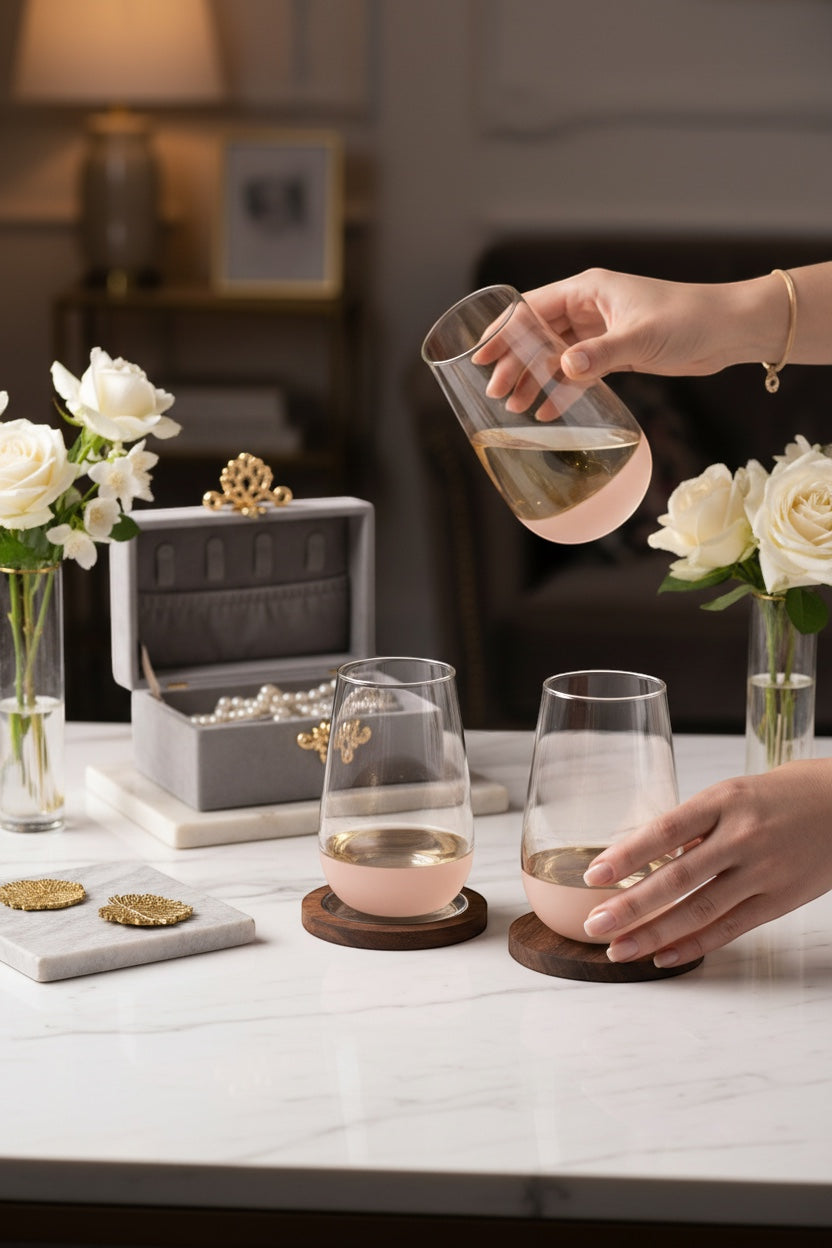 INVOKE Lusora high ball glass with clear body, gold interior, and matte blush pink base. Perfect for cocktails.