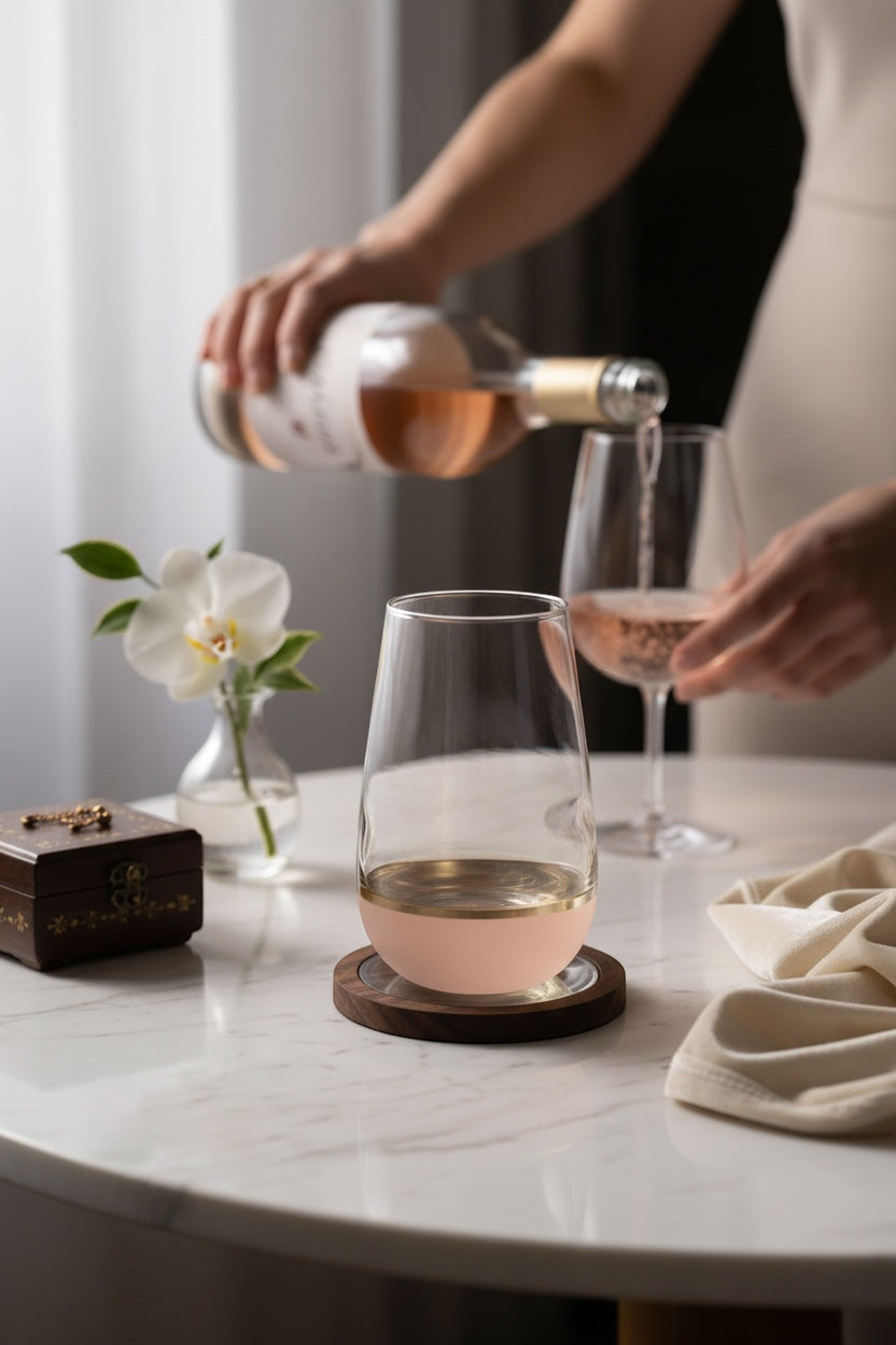 INVOKE Lusora high ball glass with gold interior and blush pink exterior base, clear tapered body.