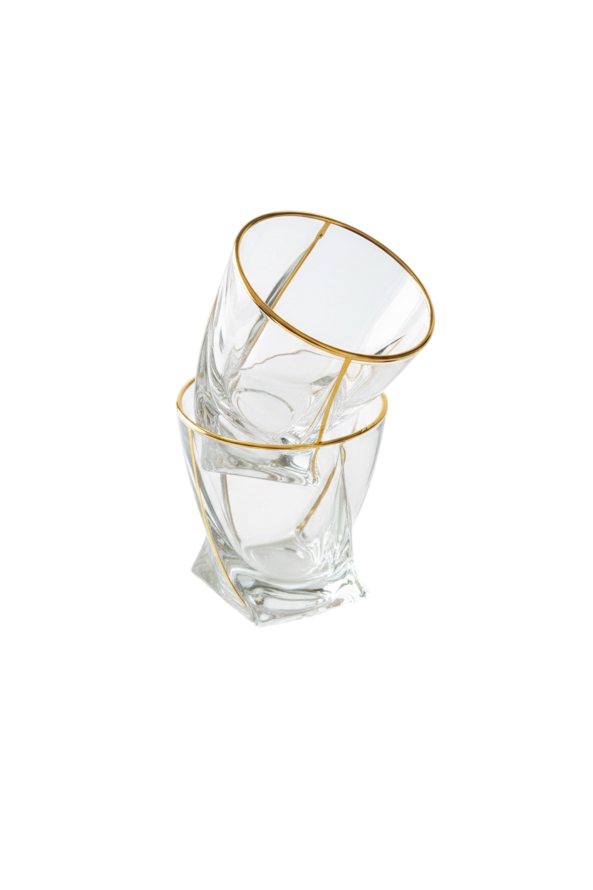 INVOKE Savoy Whiskey Glasses with gold rim, angular design, and sturdy base. Includes gold jigger and silver tongs.