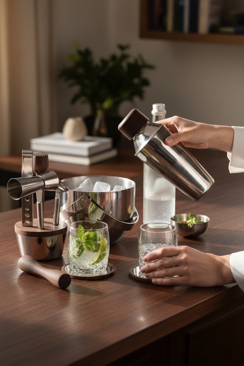 INVOKE Stainless Steel Barware Set with wooden accents, including shaker, ice bucket, jigger, and glasses.
