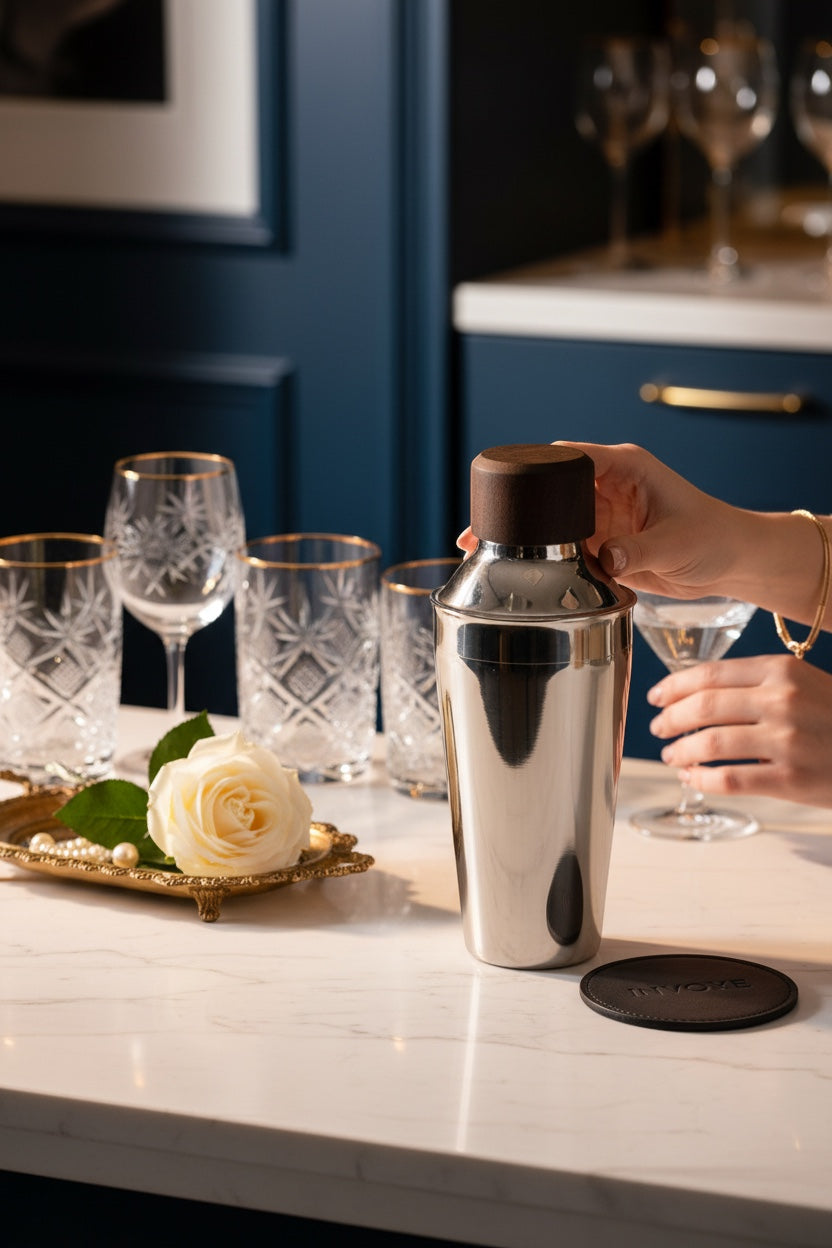 INVOKE Stainless Steel Barware Set with wooden accents, including cocktail shaker, glasses, and coaster.